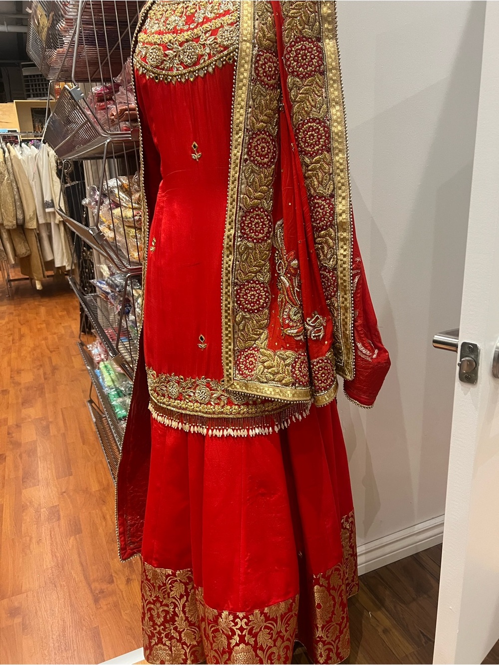 Red Embroidered Lehenga Maxi with Gold Zari Detailing